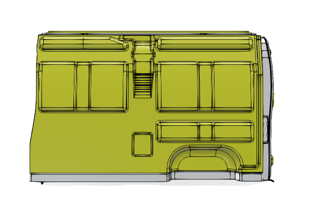 Lateral CAD view of thermoformed panels